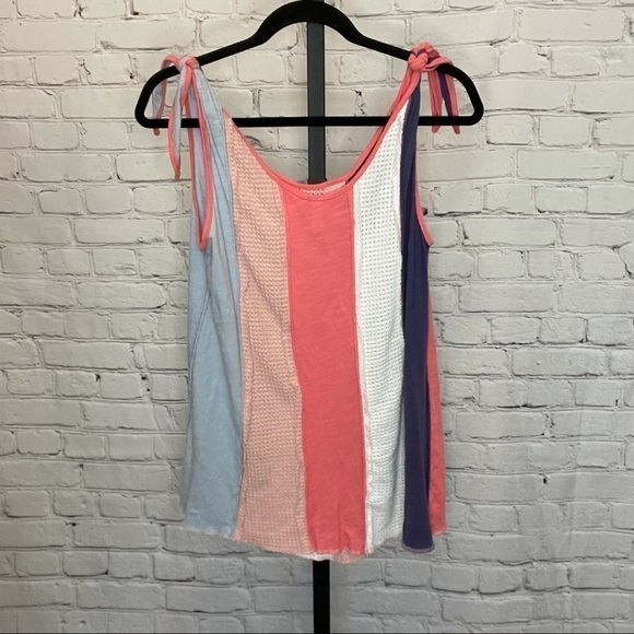Striped Tie Multi Fabric Waffle Knit Cotton Tank - Picture 4 of 6